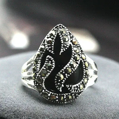 

11*14mm NEW INLAY BLACK Natural JADE MARCASITE 925 STERLING SILVER RING SIZE 7/8/9/10