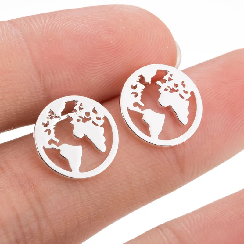 Hfarich-pendientes de tuerca con diseño del mapa del mundo, aretes de acero inoxidable a la moda para regalo de viaje, joyería hecha a mano Vintage, Globetrotter Earth Atlantic