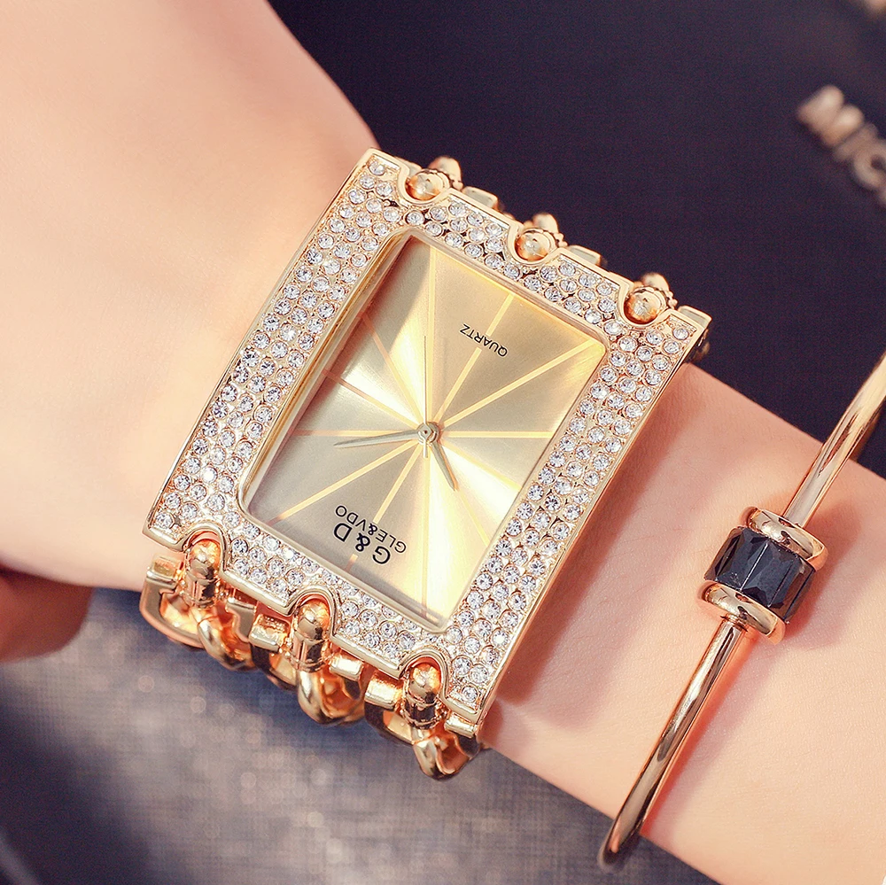 G&D GLE&VDO montre femme Luxury Rectangular Case with Rhinestones Quartz Ladies Watch Female Bracelet Wristwatch