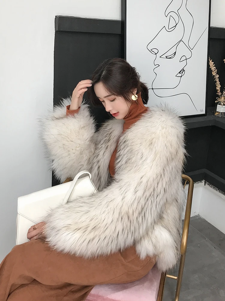 Imported raccoon fur woven fur coat female short paragraph fox fur long sleeve round neck 2019 winter new style