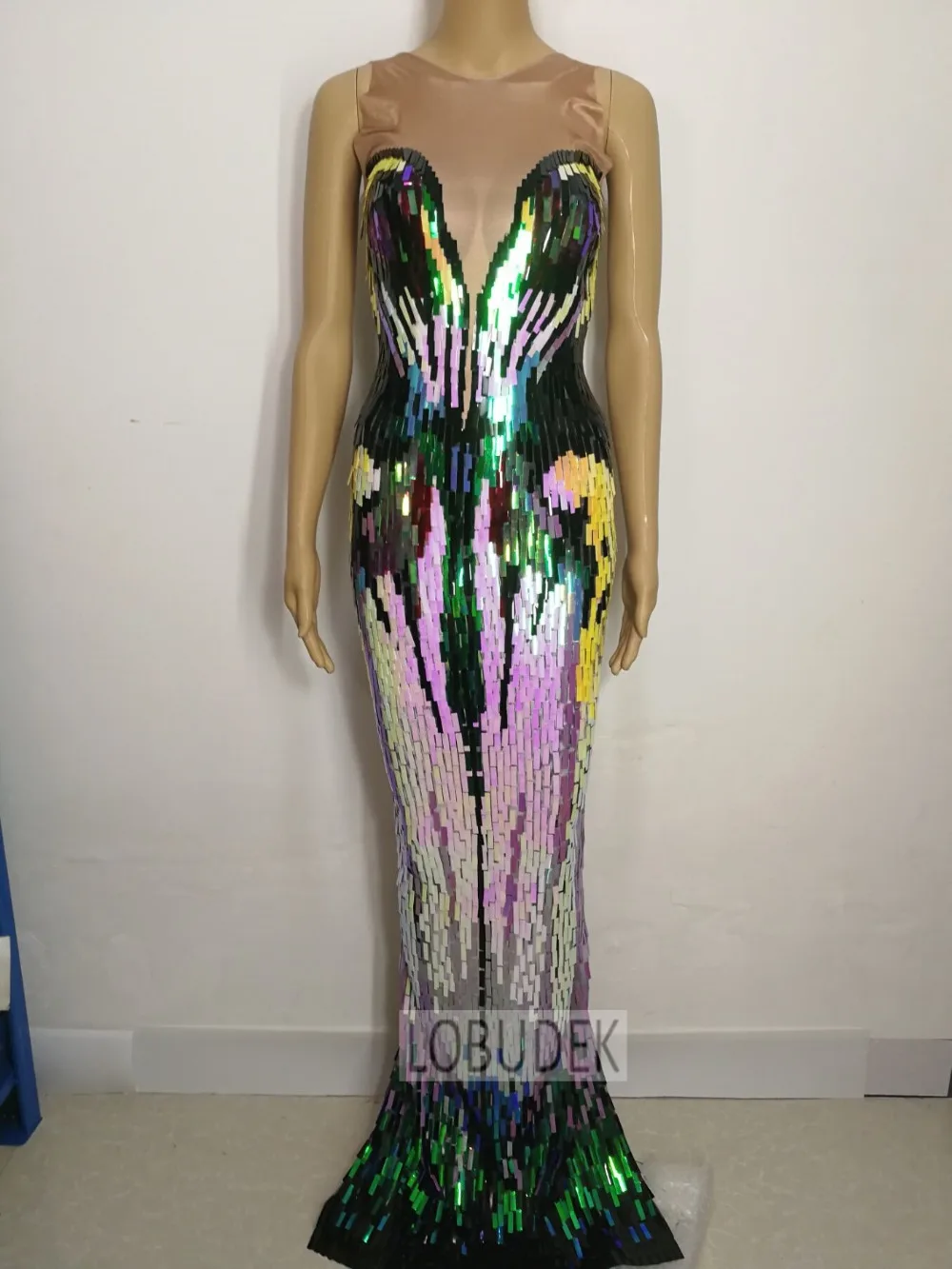 Colorful Sequins Bodycon Maxi Dress Sleeveless Stretch Women Sexy Stage Nightclub Bar Performance Costume Club Party Long Dress