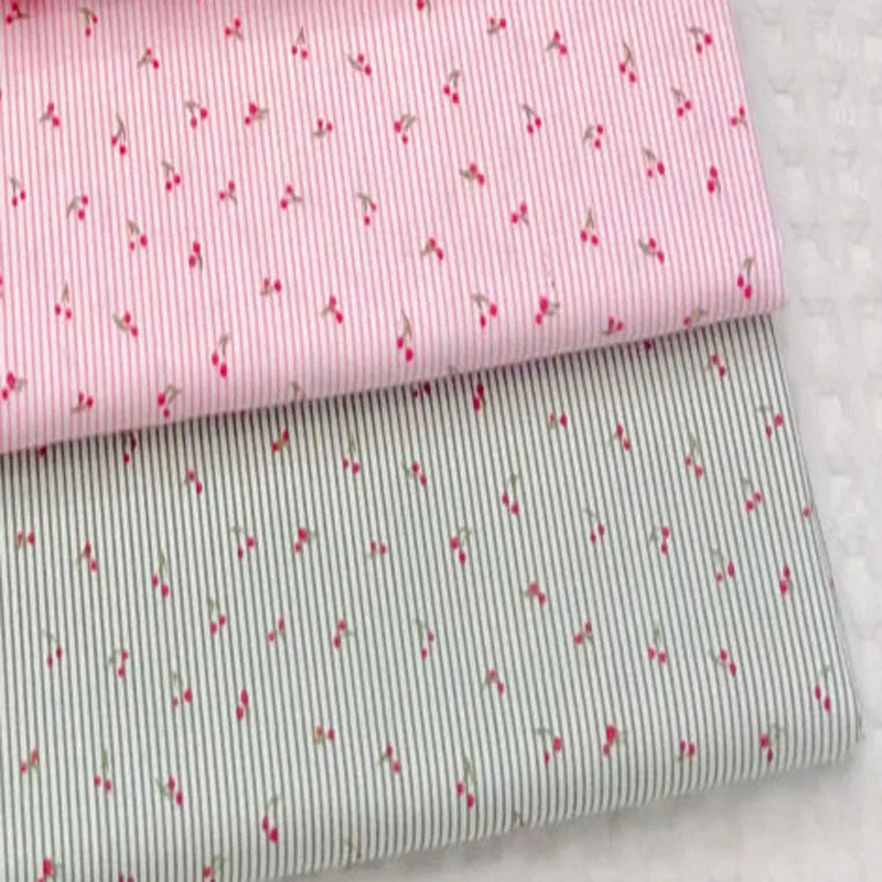 Graceful Pink Green Stripe Fruit Cherry Printed Cotton Fabric 50x160cm For DIY Sewing Bedding Quilting Cloth Decoration