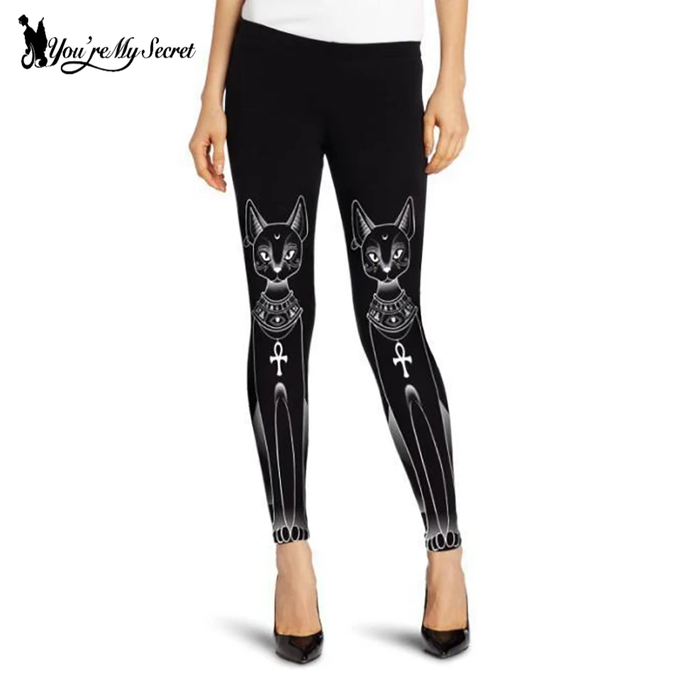 

[You're My Secret] Cartooon Black Pants Gothic Long-eared Cat Printed Leggings For Workout Mid Waist Ankle Pant Female Summer