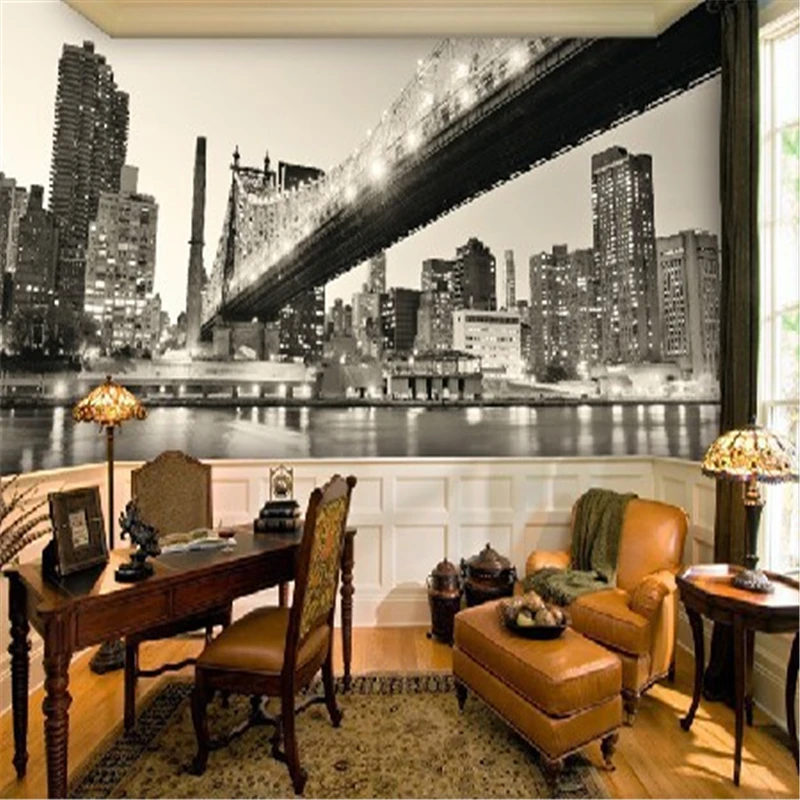 beibehang Black and white panorama of New York City Night mural living room TV backdrop 3D wallpaper vintage vinyl wallpaper