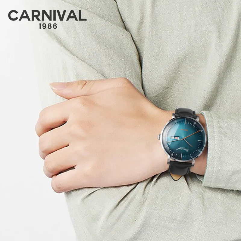 MIYOTA Movement Mechanical Watches Top Brand CARNIVAL Fashion Automatic Watch Men Calendar Week Waterproof Leather Band Sapphire