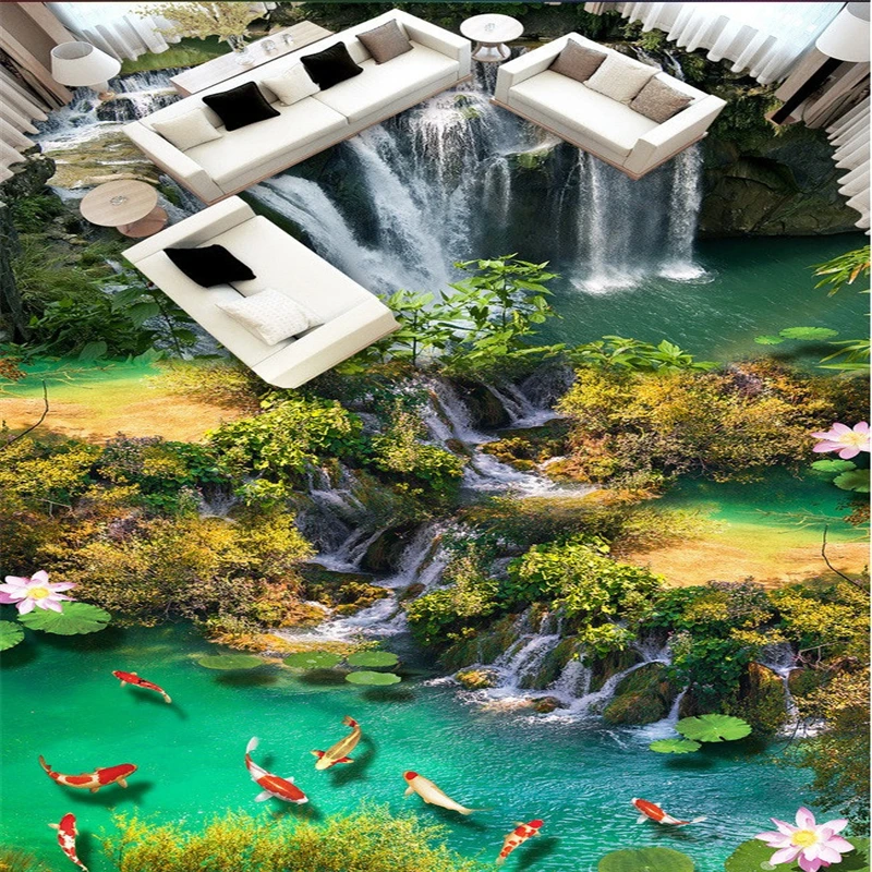 

beibehang Custom photo 3d flooring mural self - adhesion picture floor sticker Lotus carp waterfalls painting 3d room murals