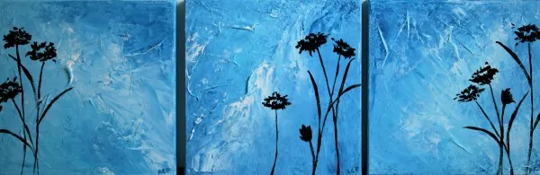 Abstract Blue Background 3PCS Painting Handmade Oil Painting Black Flowers Under Sunshine Landscape Modern Oil Picture