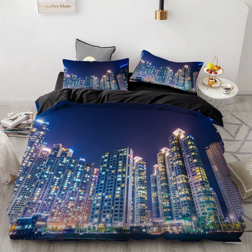 3D HD Digital Printing Bedding Set,Custom Duvet Cover Set Single/Double/Queen/Cal King,City night Bedclothes Bed Sets