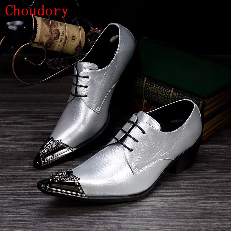 Cool sliver mens italian leather shoes metallic pointy toe high heels loafers high heels mens formal shoes wedding shoes size12