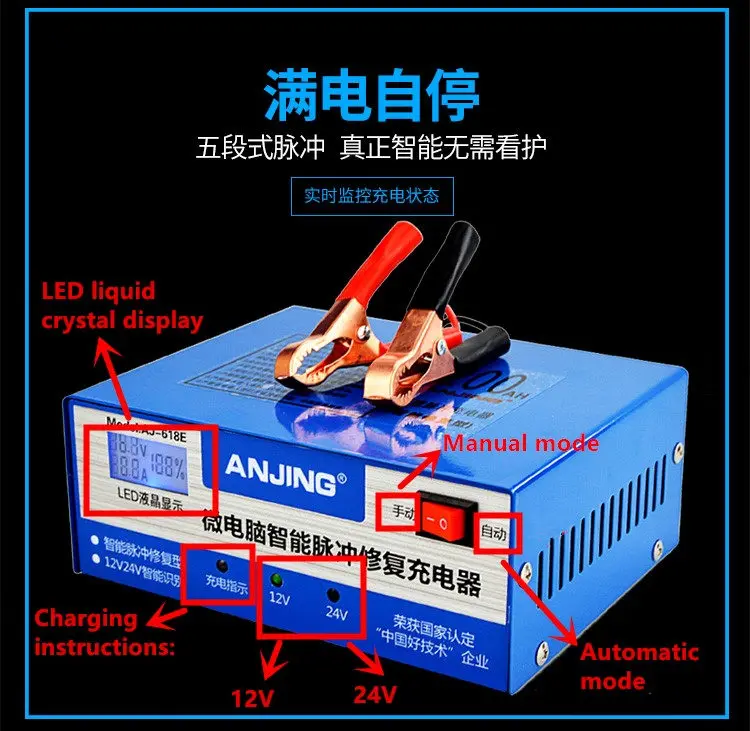 Автомобильное зарядное устройство 12 В/24 В, автоматическое интеллектуальное импульсное Ремонтное зарядное устройство для аккумуляторов мотоцикла, все интеллектуальное зарядное устройство для аккумуляторов