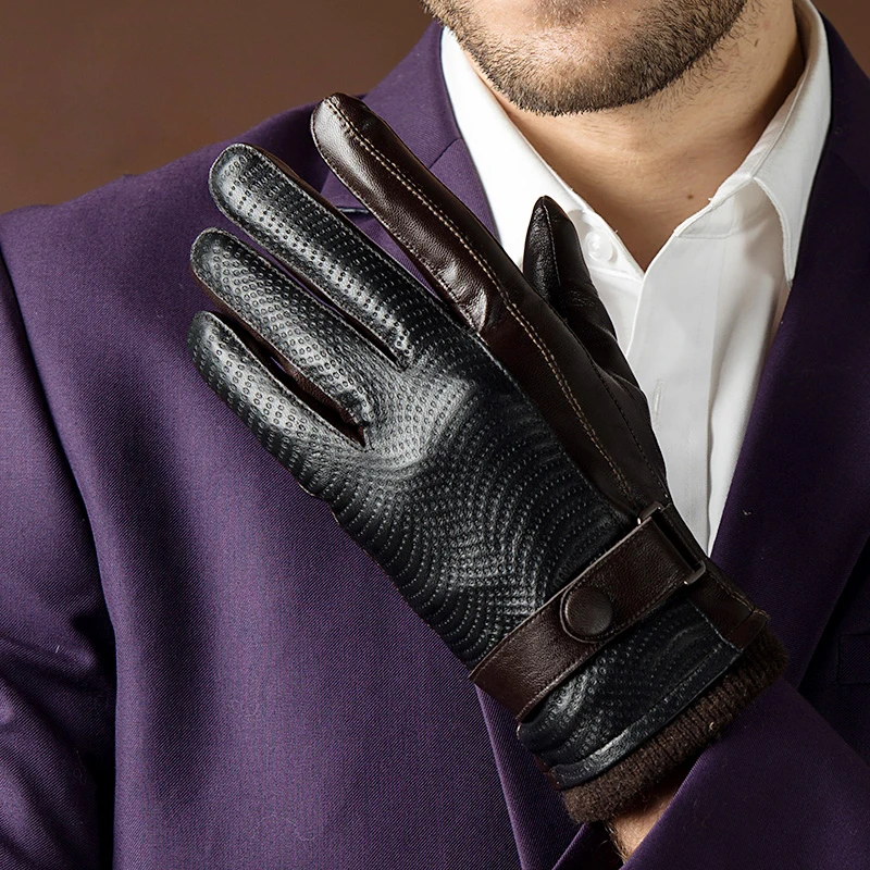 New Autumn Fashion Mens Leather Gloves Goatskin Belt Button Male Mittens Plus Velvet Warm Gloves For Men Outdoor Driving Gloves