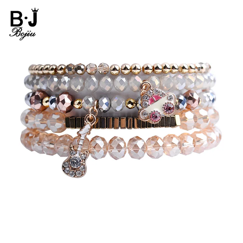 

BOJIU Crystal Hematite Copper Beads Bracelets For Women Animal Guitar Pendant With Zircon Charm Bracelet Femme Jewelry BCSET135