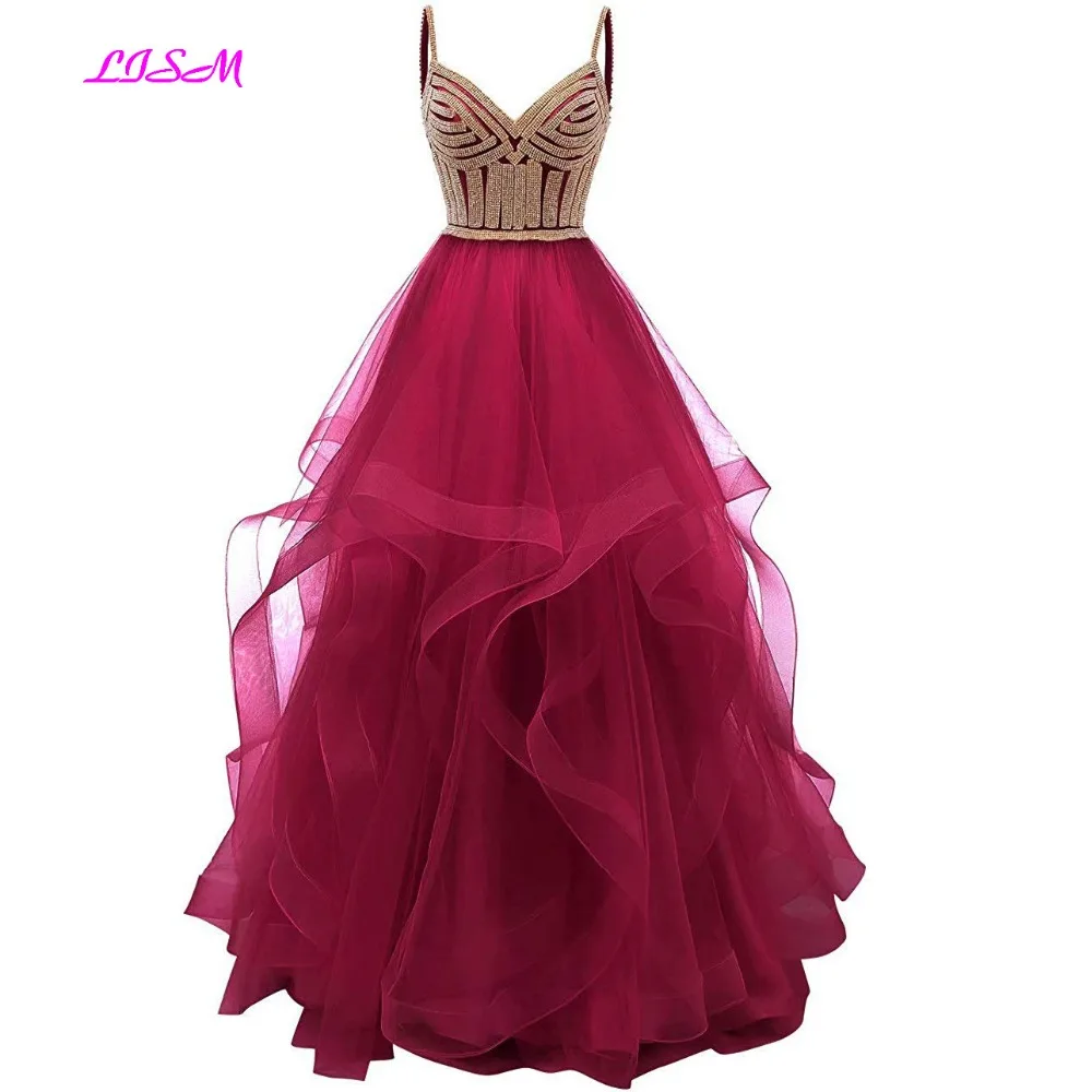 Tulle Crystal Beaded Long Prom Dresses Tiered Formal Evening Dress Spaghetti Straps Sweetheart Ball Gown Princess Party Gowns