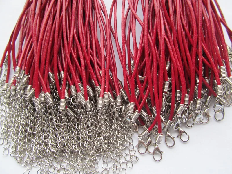 100pcs 2mm 16-18inches Adjustable Deep Red Genuine Leather Necklace Cord Rope String,1.8inch Extender Chain,12x7mm Lobster Clasp