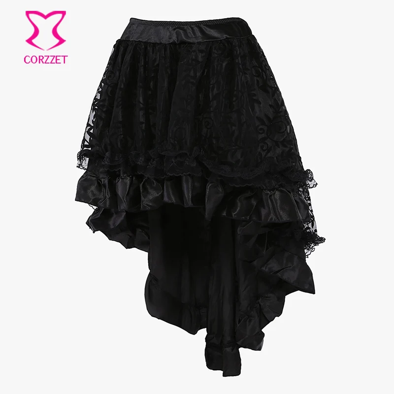 Corzzet dispone di Brown Raso E Maglia Steampunk Epoca Gotica Gonne Burlesque Costume Sexy Ruffle Skirt Per Le Donne Corrispondenza Corsetto