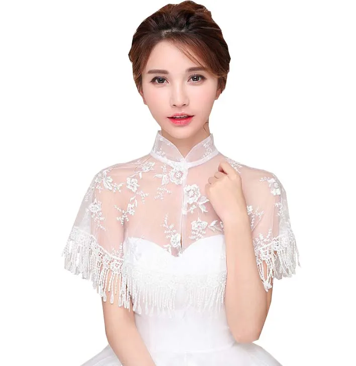 Autumn Thin Lace High Neck Wedding Accessories Cheongsam Bolero Elegant Short Evening Capes Ivory Black Red Jackets Women Wrap