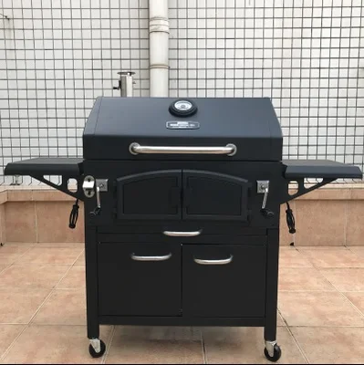 Villa Garden Mobile With Trolley Charcoal Bbq Grill Luxurious Outdoor Indoor Standing Barbecue Grill With Temperature Displayer