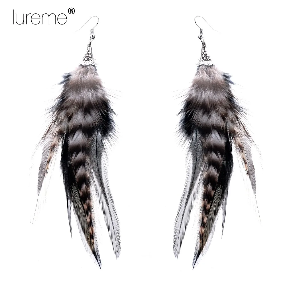 Lureme Indiana Style Flower Trumpet Pheasant Feather Drop Earrings for womens Fashion Fine Jewelry Best Gift 2015 Hot Sale