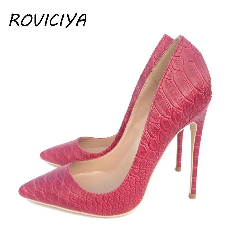 Brand Designer Women Shoes Sexy Rose Scale Skin Printing High Heel 12 cm Pointed Toe Party Stiletto Shallow YG016 ROVICIYA