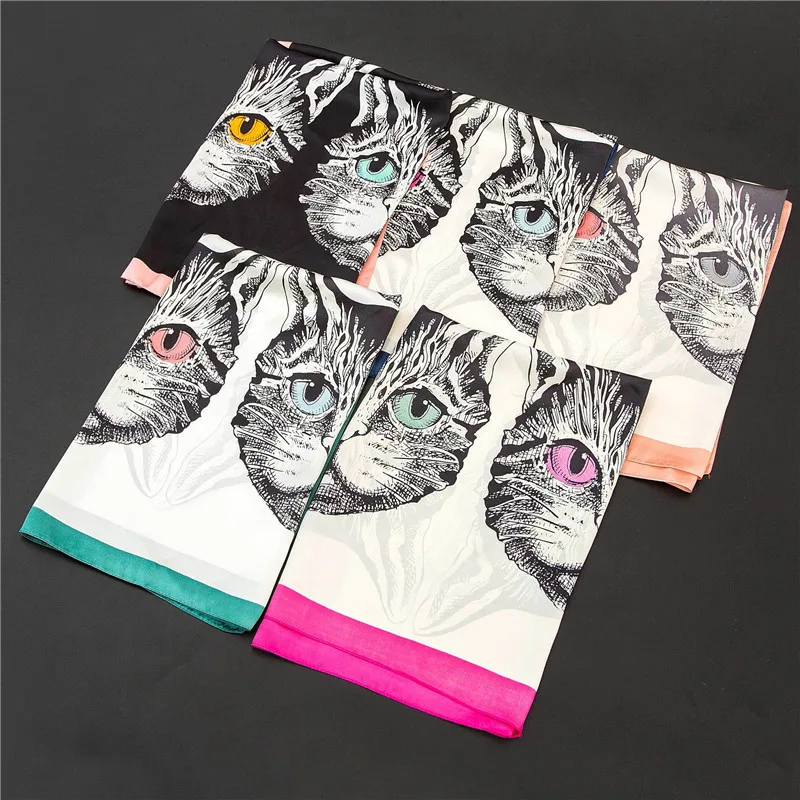 POBING 70cm*70cm Cat Head Small Square Scarves Hijab Luxury Brand Stain Silk Women Scarf Lady Headband Print Neckerchief Bandana