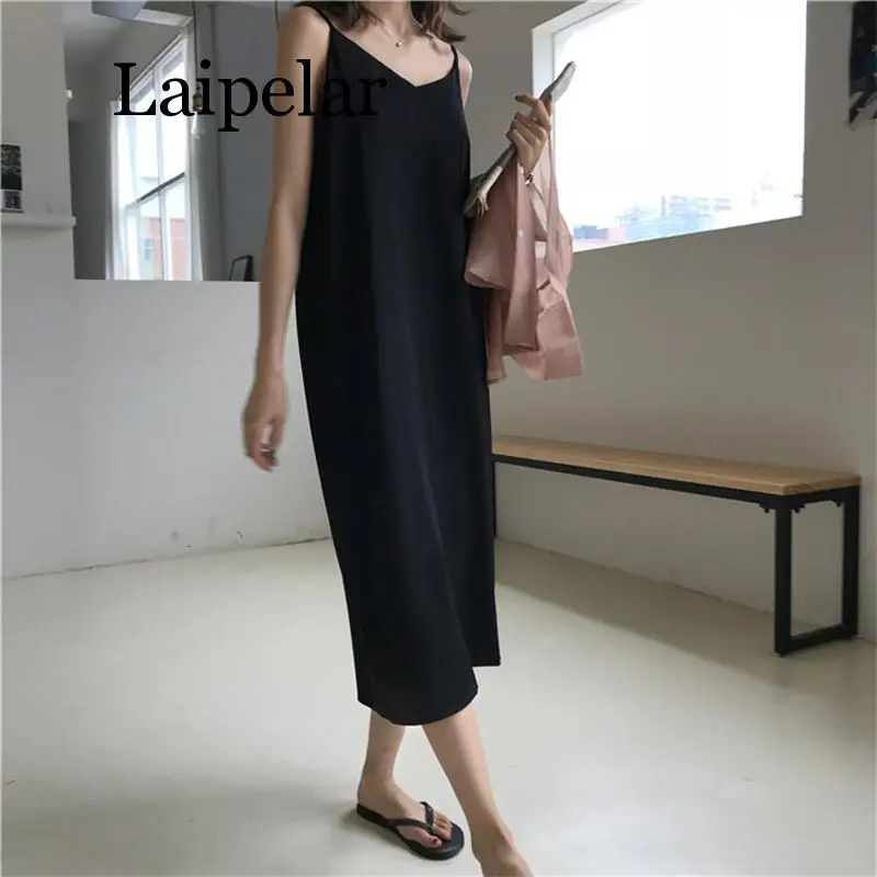 

Laipelar Sexy Women Maxi Dress Loose Sleeveless Dresses V-neck Sling Long Black Party Dress