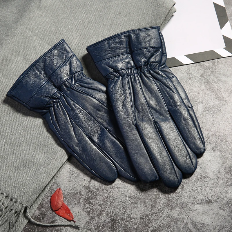 Guantes de piel auténtica para hombre, manoplas de oveja Real, alta calidad, otoño e invierno,