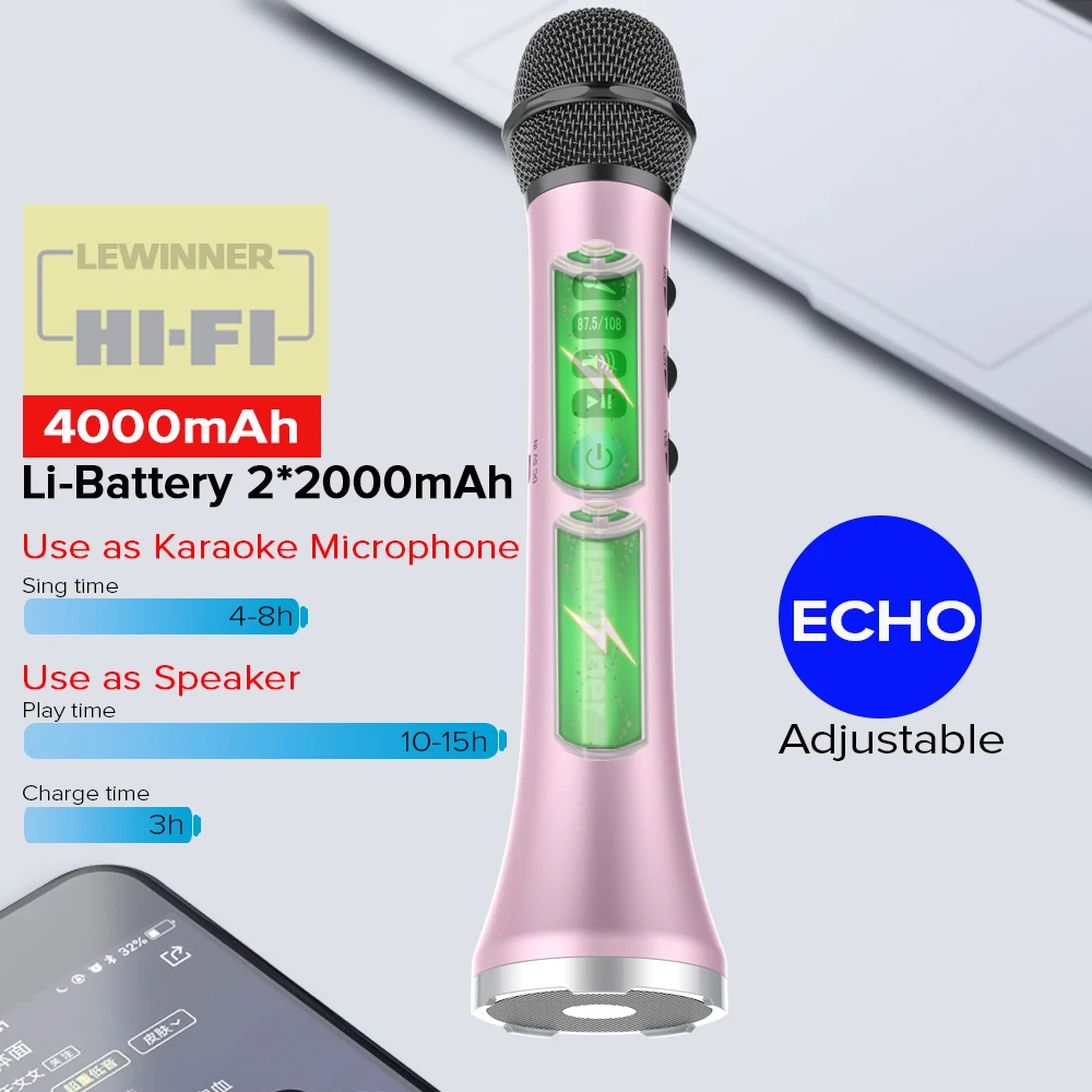 Lewinner L-698 Wireless Karaoke Microphone Bluetooth Speaker 2-in-1 Handheld Sing & Recording Portable KTV Player for iOS/Androi