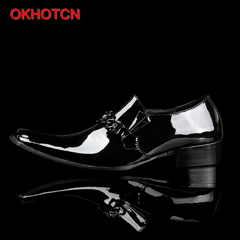 OKHOTCN Pure black man spring autumn shoes genuine leather man formal shoes business party shoes metal decoration square toe