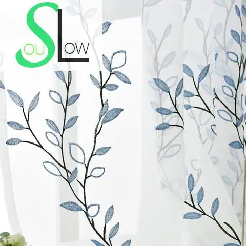 

Slow Soul Blue White Curtain Cotton Pastoral Embroidered Leaves Curtains Tulle Cortinas For Living Room Kitchen Bedroom Sheer