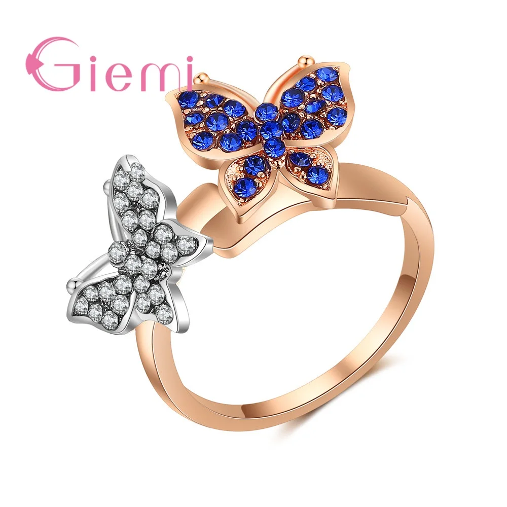 New Fashion Top Selling Rose Gold Color Finger Rings For Women Female Two Pretty Butterfly Hard Cubic Zirconia Jewelry