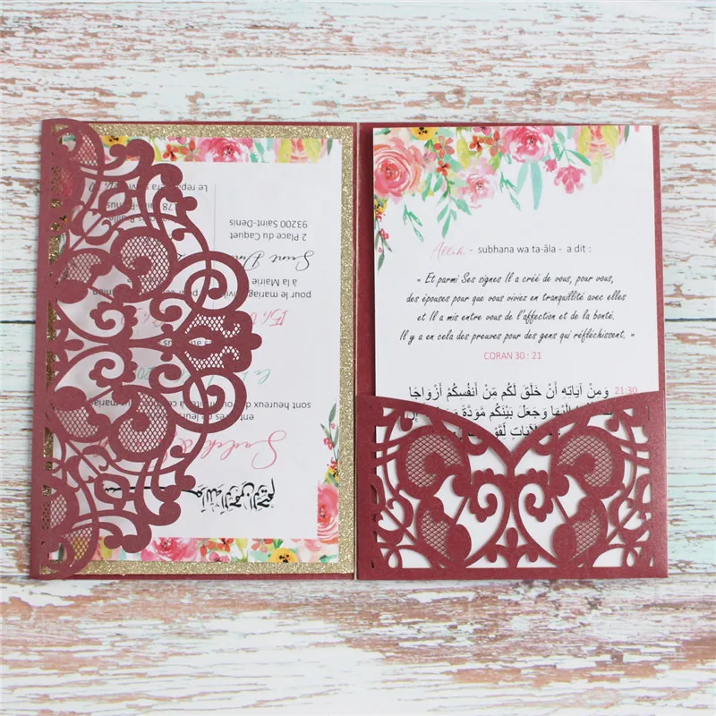 Handmade invite wedding customiable glitter lining insert envelop RSVP high class rural invitation 50pcs