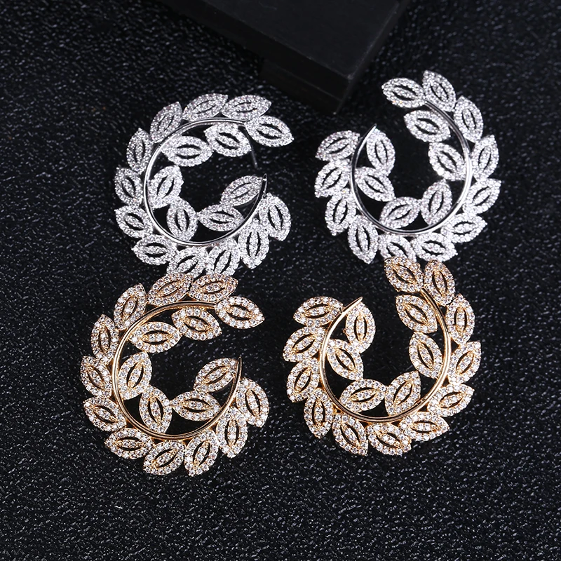 

Известный дизайн, роскошные популярные геометрические серьги с цветком и листьями, полностью микро-асфальтированные свадебные серьги с кубическим цирконием, модные украшения E10055