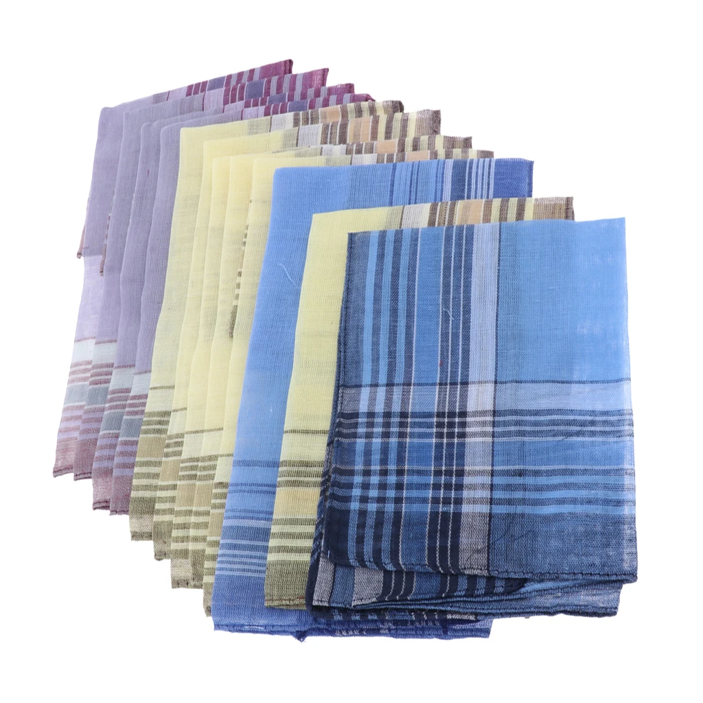 Set of 12/10pcs Men\'s Plaid Pattern Cotton Handkerchiefs Gentleman Classic Pocket Square Hanky