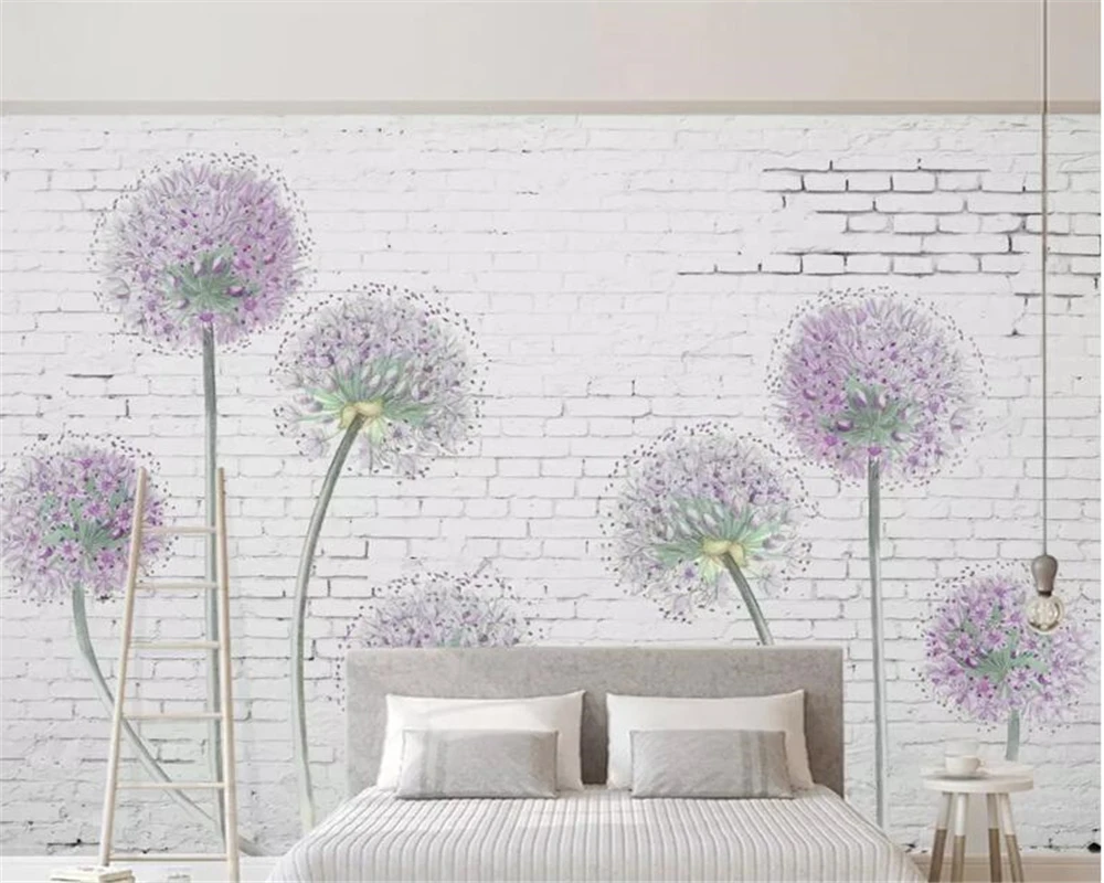 

Beibehang custom made wall papers home decor Modern white brick wall purple dandelion sofa background wall wallpaper 3d behang