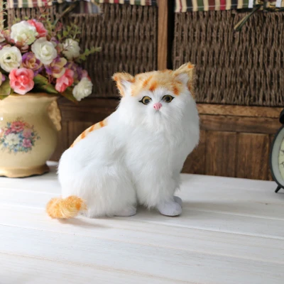 

yellow& white cat model polyethylene&furs squatting sounds miaow cat large 15x8x18cm handicraft home decoration gift a2093