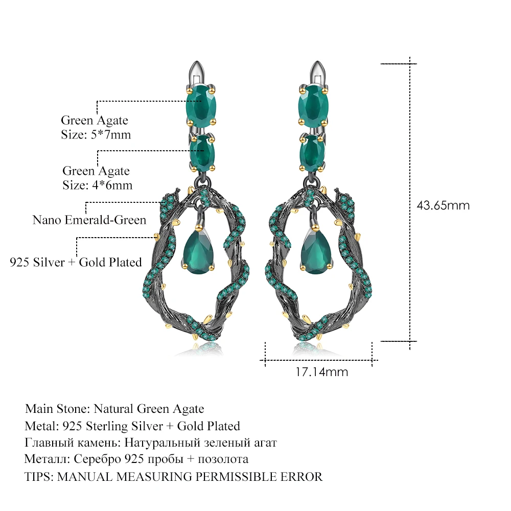 GEM\'S BALLET Natural Green Agate Gemstone Earrings 925 Sterling Silver Creative Handmade Snake Drop Earrings for Women Bijoux