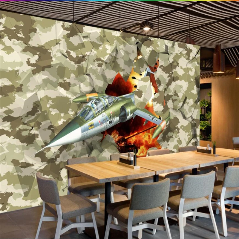 wellyu 3D three-dimensional aircraft breaking the wall into the bar restaurant walls custom large mural wallpaper