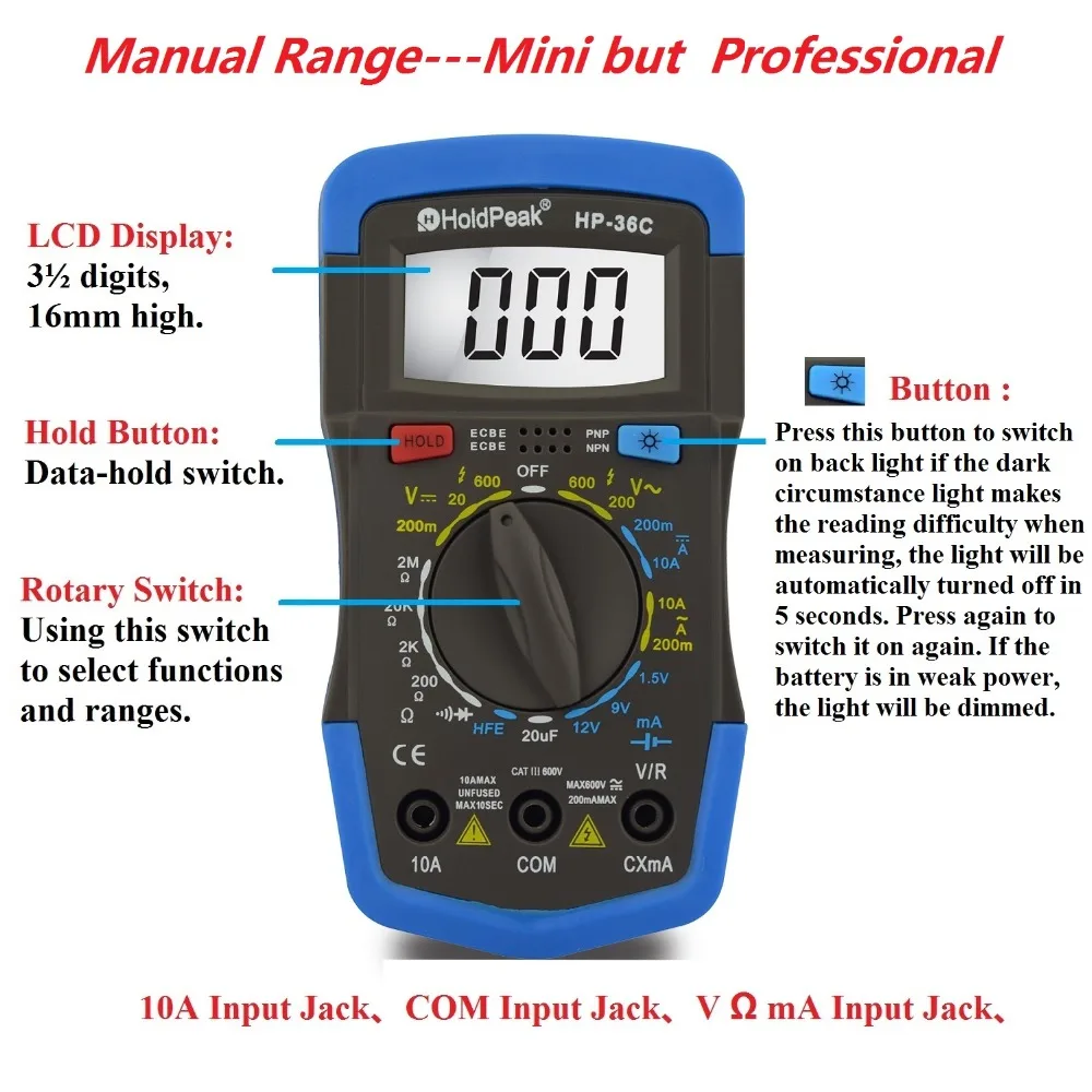 HoldPeak HP-36C Mini Multimetro Digitale Professionale Multimetro AC/DC Gamma Manuale Tester Digitale hFE Tester Strumento Portatile