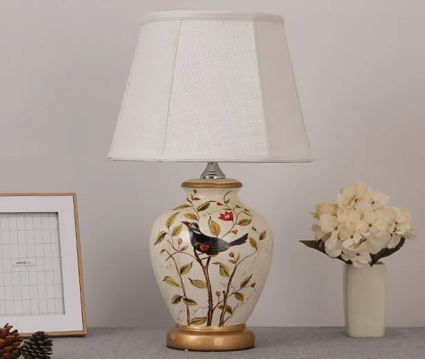 Chinese white bird ceramic Table Lamps classic Touch/Dimmer linen lampshade E27 LED lamp for bedside&foyer&studio&tea room MF013