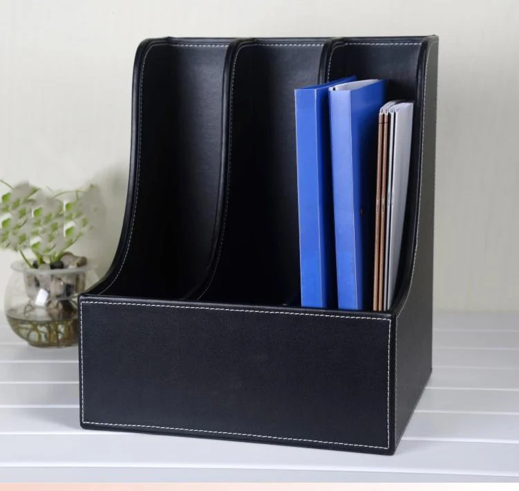 3-slot wood and leather desk organizer, file box, document holder, shelf, container, black color, 220A