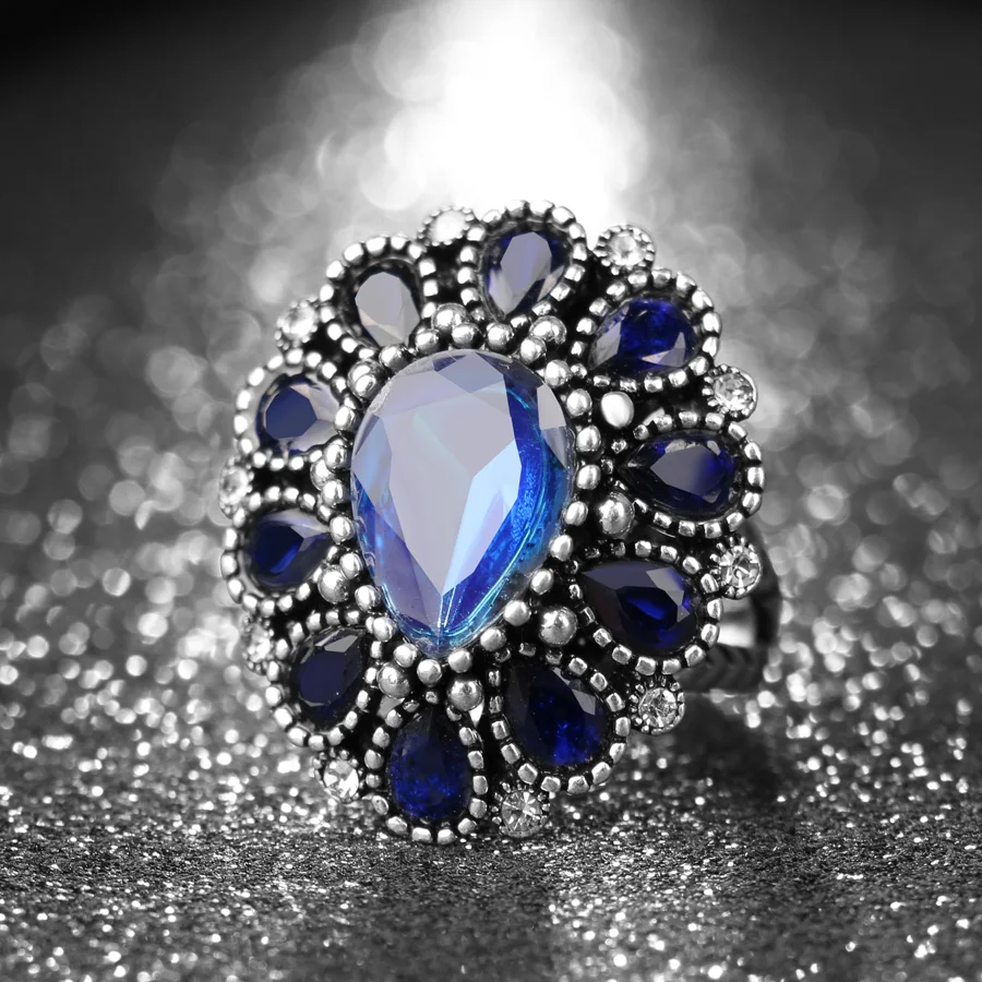 Fashion Blue Crystal Flower Rings For Women Tibetan Silver Vintage Big Wedding Ring Bohemia Jewelry