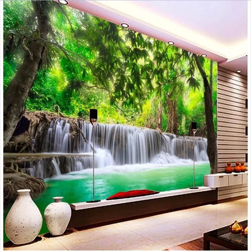 Custom 3d Wallpaper HD jungle waterfall landscape mural home decoration self-adhesive relief material decorative painting Murals