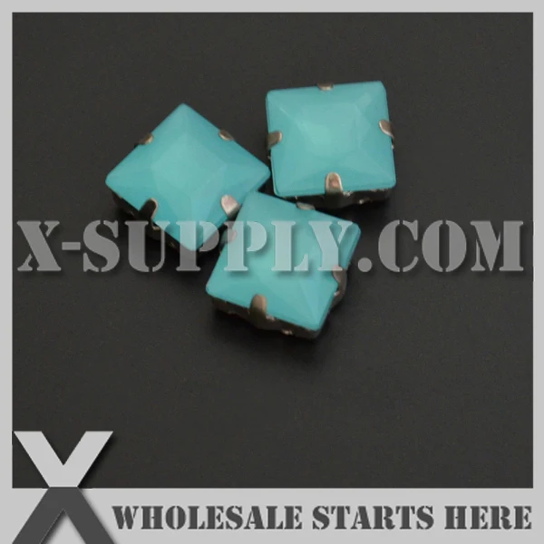 

10x10mm Mounted Square H17 Teal Opal Acrylic Rhinestone Gems in Silver NICKEL Sew on Setting for Shoe,Garment