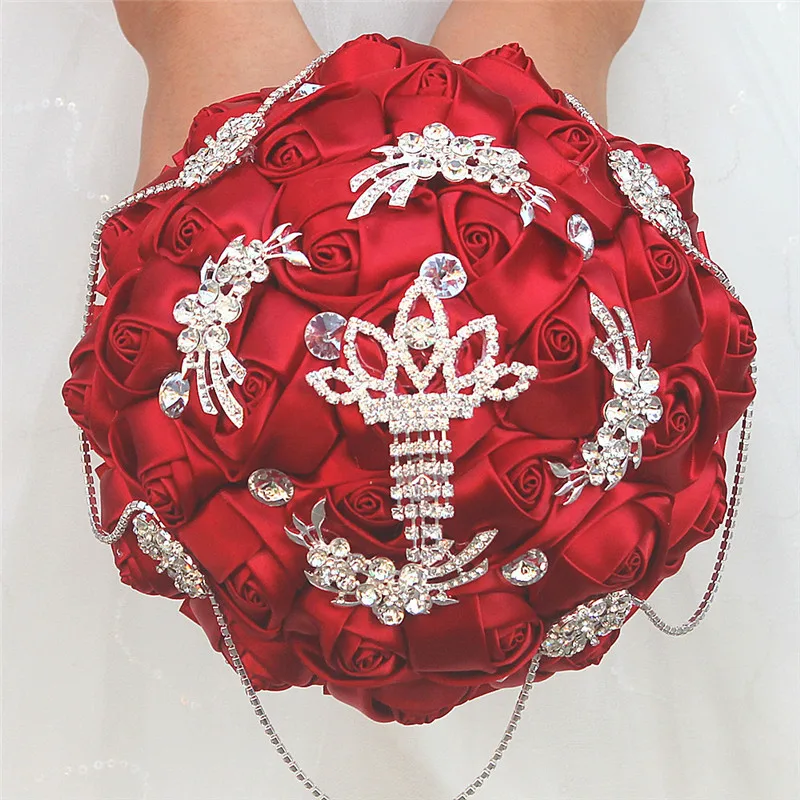 

Wine red wedding bride bouquet rhinestone pearl decoration bride wedding bouquet handmade custom ribbon Holding flowers