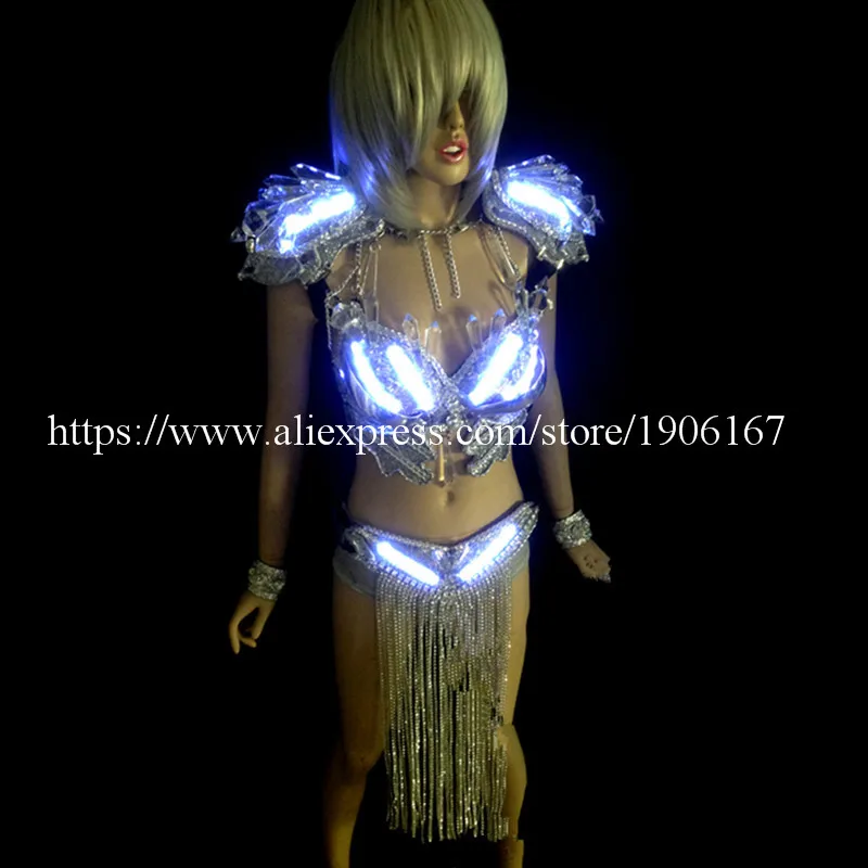 White Crystal Led Luminous Light Growing DS Women Costume Suit Sexy Lady Evening Party Dress Led Stage Props Dance Clothes