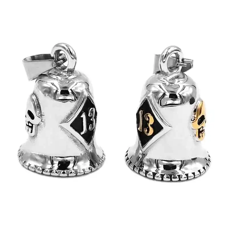 Number 13 Biker Bell Pendant Stainless Steel Silver Color Gold Motor Skull Mens Pendant SWP0508 (Has steel ball, no bell sound)