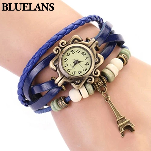 Women Genuine Leather Vintage Quartz Watch Multi Layer Handmade Bracelet Wristwatches Adjustable Length Couple Watch Bangle