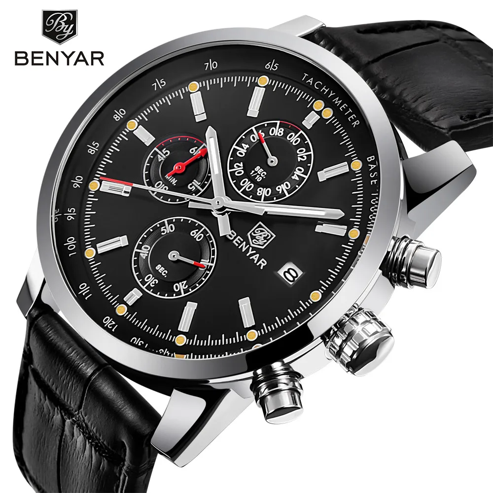 BENYAR New Fashion Chronograph Genuine Leather Sport Mens Watches Top Brand Luxury Military Quartz Watch Clock Relogio Masculino