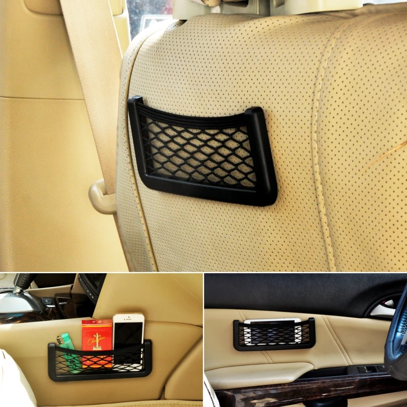 Multifunction Elastic Net Car Storage String Bag for Cell phone and Small Items Designed with 3M Double-sided Adhesive Tape