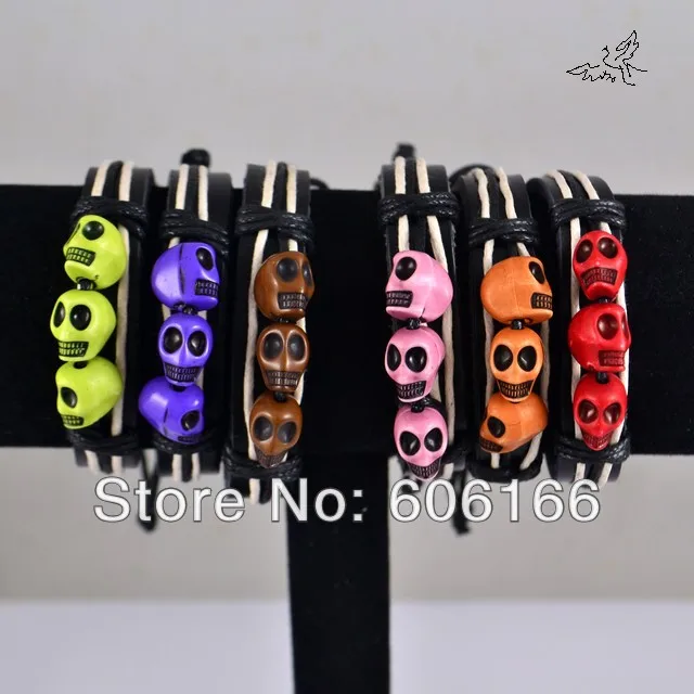 36pc/lot Mix Colors Skull Leather Bracelet Skeleton Fashion Tribe Bracelets Fashion Jewelry